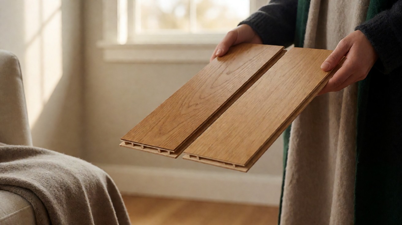 Two laminate planks held side by side showing differences in wear layer thickness and surface detail