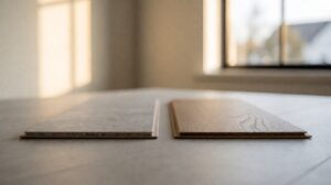 Two luxury vinyl plank samples side by side showing a stone core and a wood plastic core