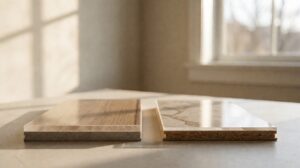 A rigid core vinyl plank beside a laminate plank showing the different cores