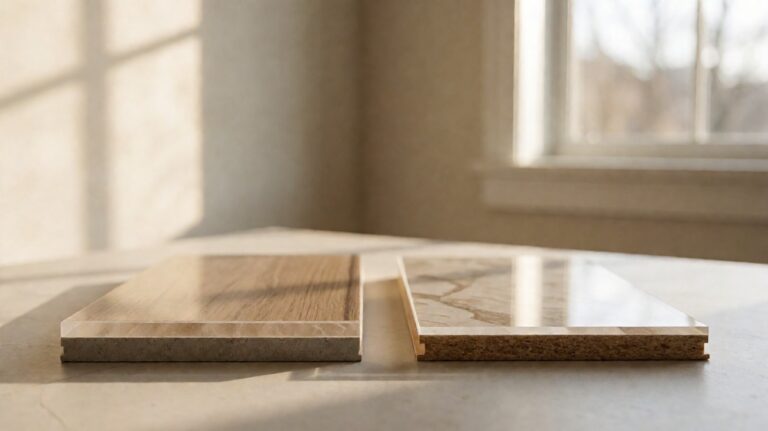 A rigid core vinyl plank beside a laminate plank showing the different cores