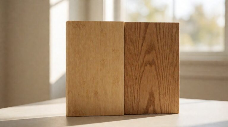 A pale bamboo plank with fine strand texture beside a darker oak plank with open grain