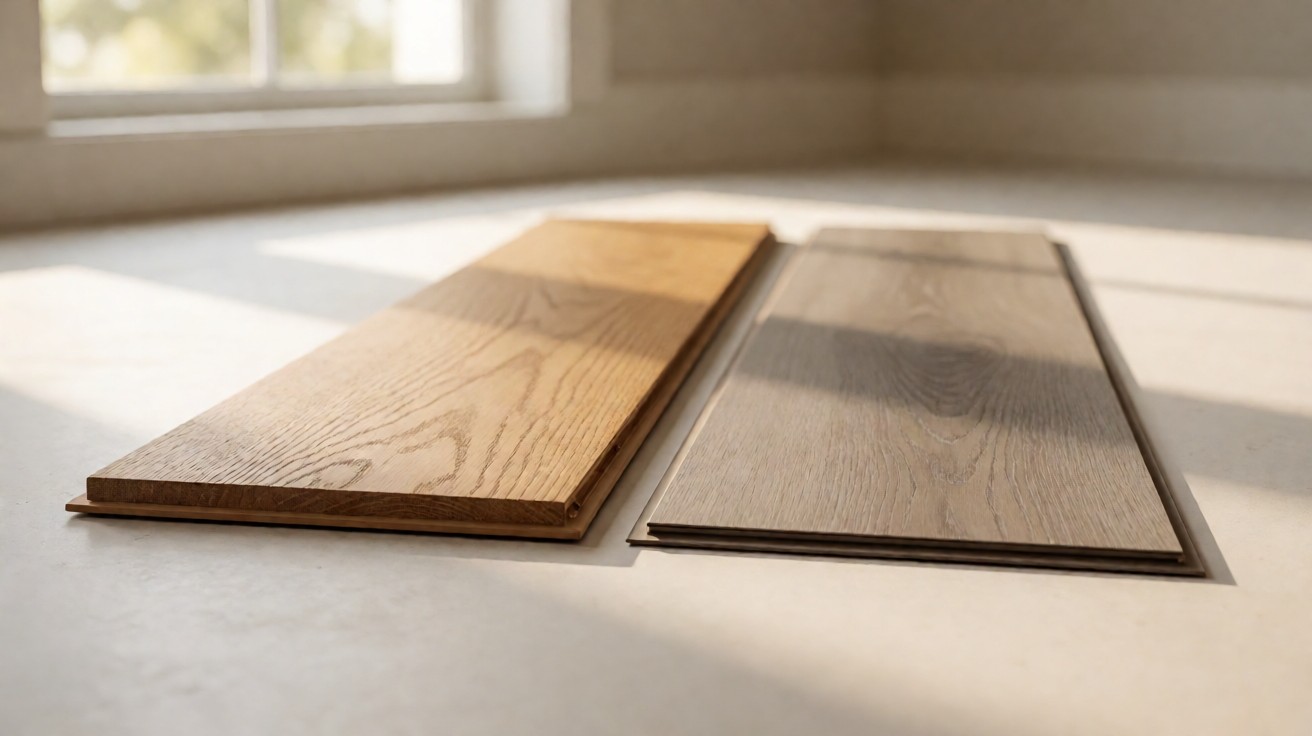 A solid oak plank beside a waterproof luxury vinyl plank showing its PVC core