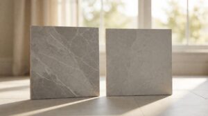 Two stone-look surface samples side by side, a pronounced grey marble veining and a softer mottled grey