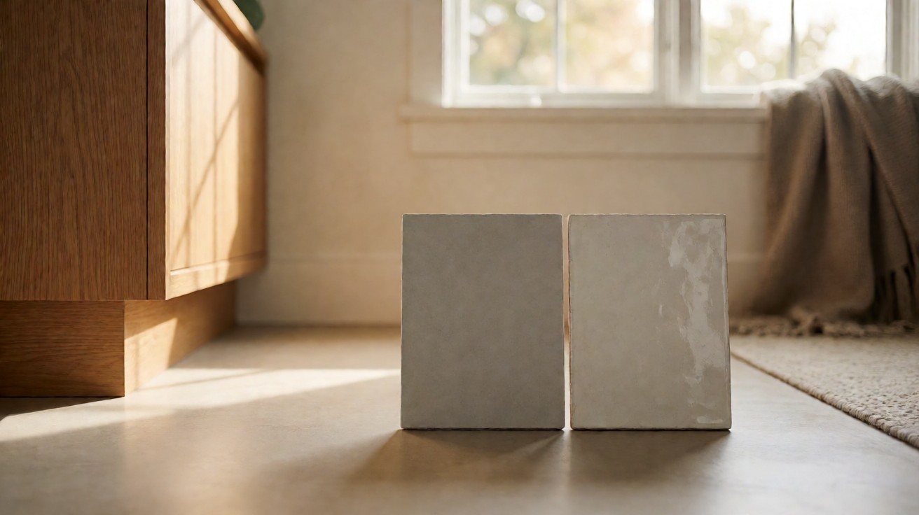 Two tile samples side by side, dense porcelain on the left and glazed ceramic on the right