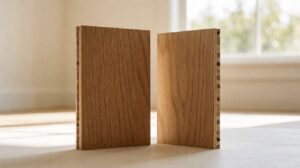 A thick solid oak plank beside an engineered oak plank showing the plywood core layers