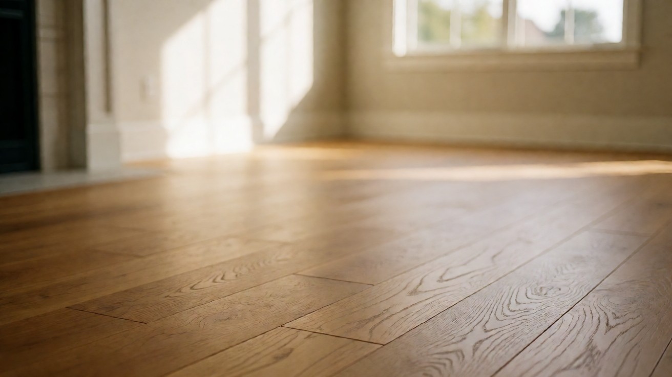 Wide-plank engineered oak floor in sunlit living room