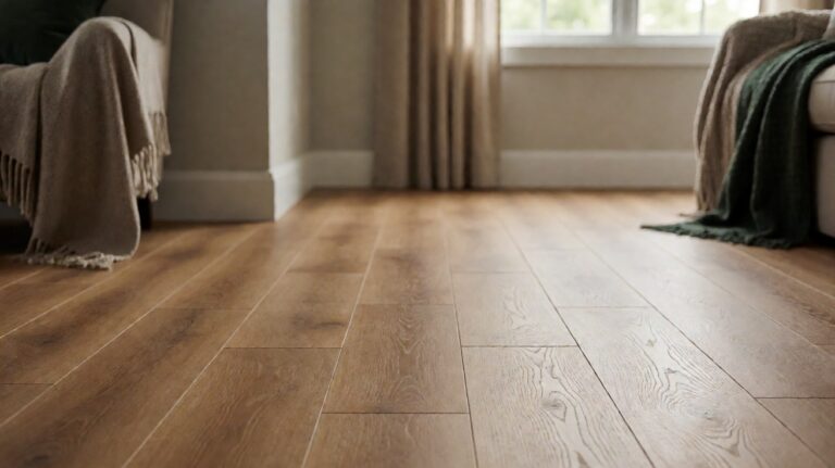 Warm wood polymer composite vinyl plank floor laid in a staggered pattern