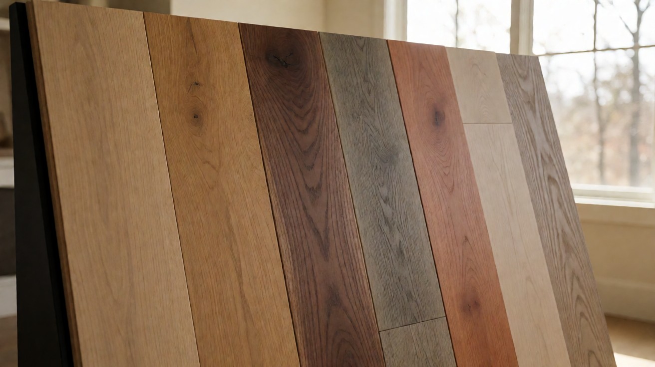 Seven flooring samples in different wood tones lined up on a showroom display rack