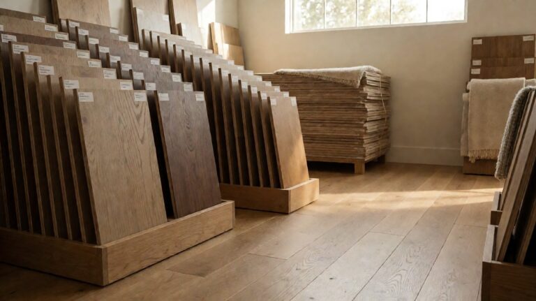Rows of flooring samples on display racks in different wood tones with boxed stock stacked behind them