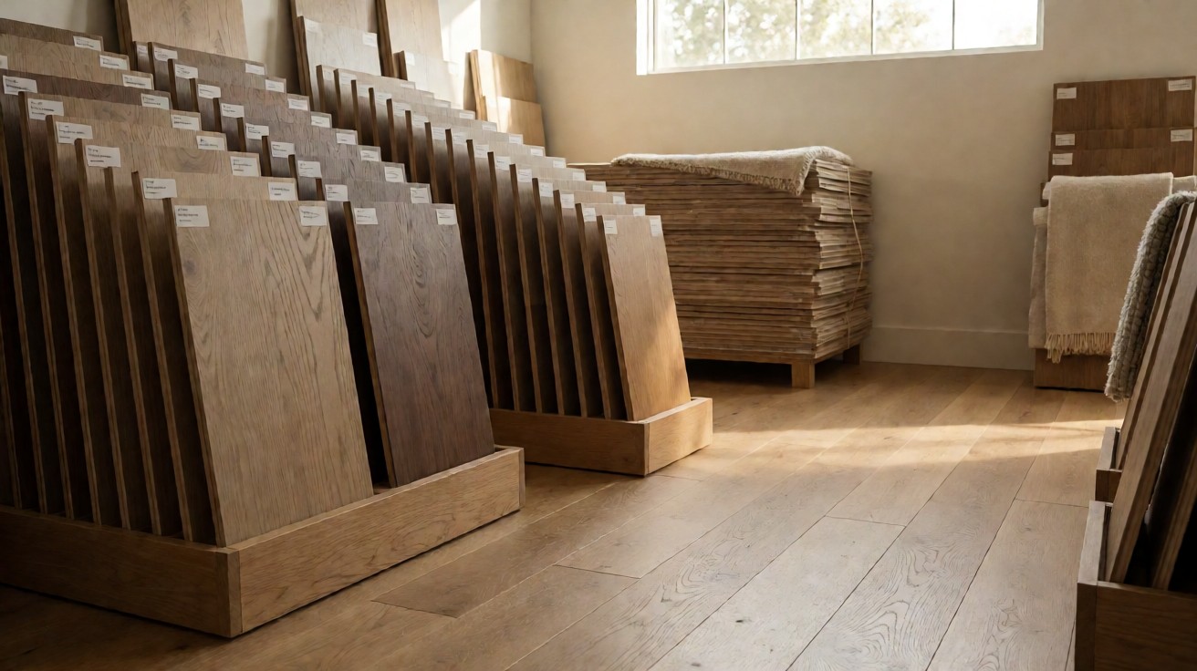 Rows of flooring samples on display racks in different wood tones with boxed stock stacked behind them