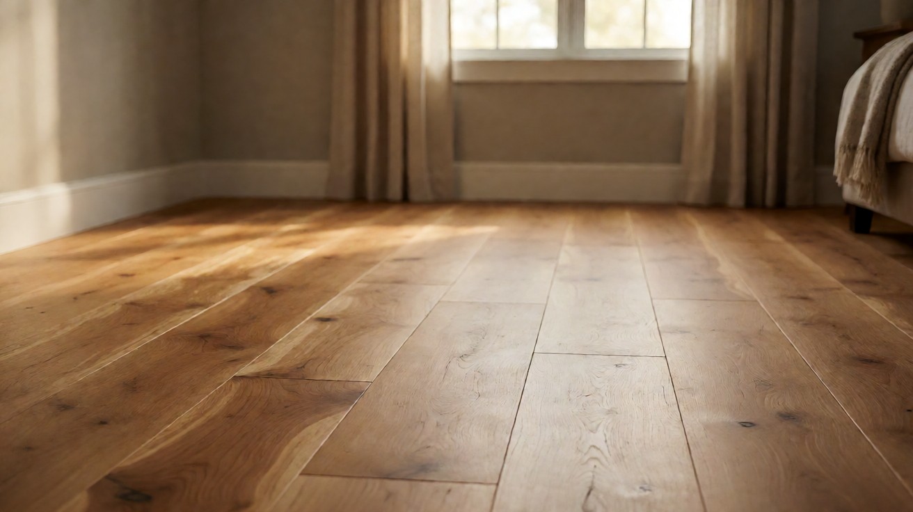 Wide-plank hickory hardwood floor with knots and color variation